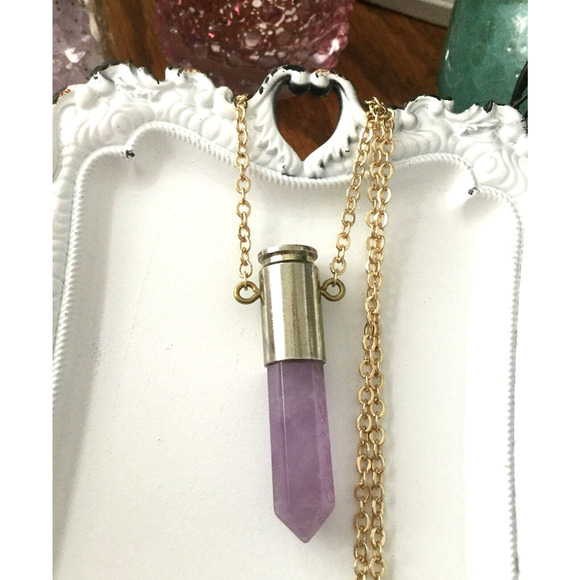 New Natural Purple Amethyst Crystal Point Bullet Style Pendant w/ Goldtone Chain - Picture 3 of 5